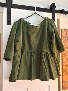 Anthropologie Maeve Green Plaid-Trim Corduroy Top